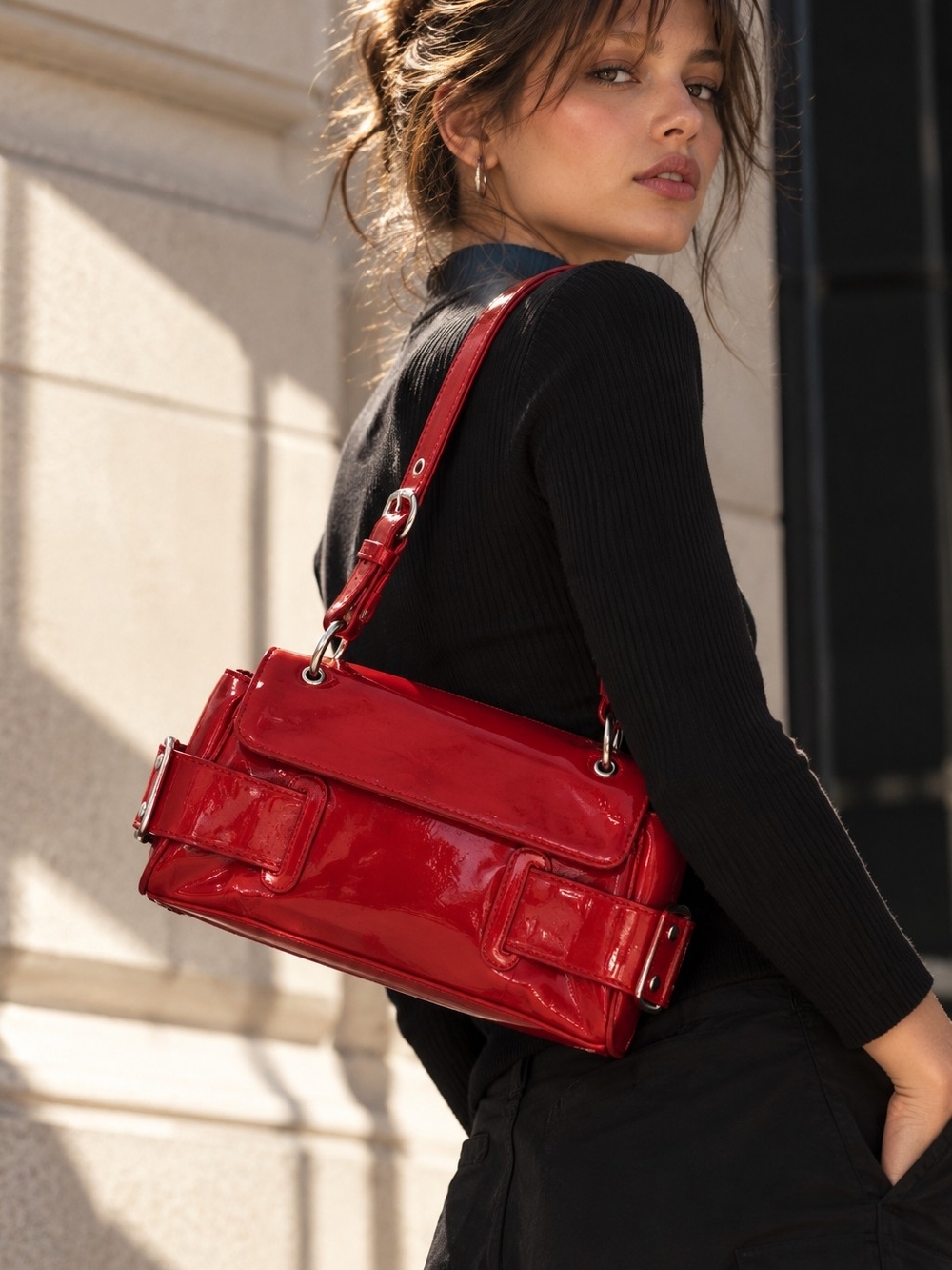 Naturalizer Red Patent Shoulder Bag Y2K Buckle Purse/Like New